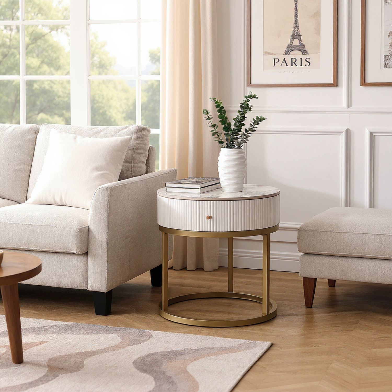 Serene Modern Marble Round End Table with Storage