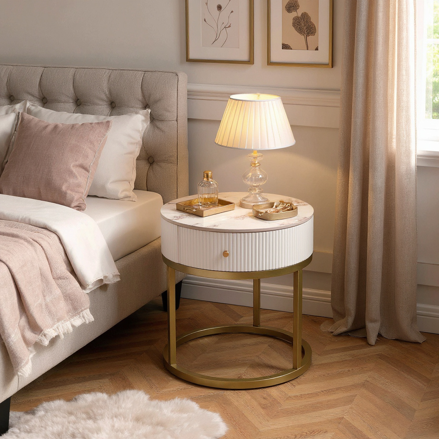 Serene Modern Marble Round End Table with Storage