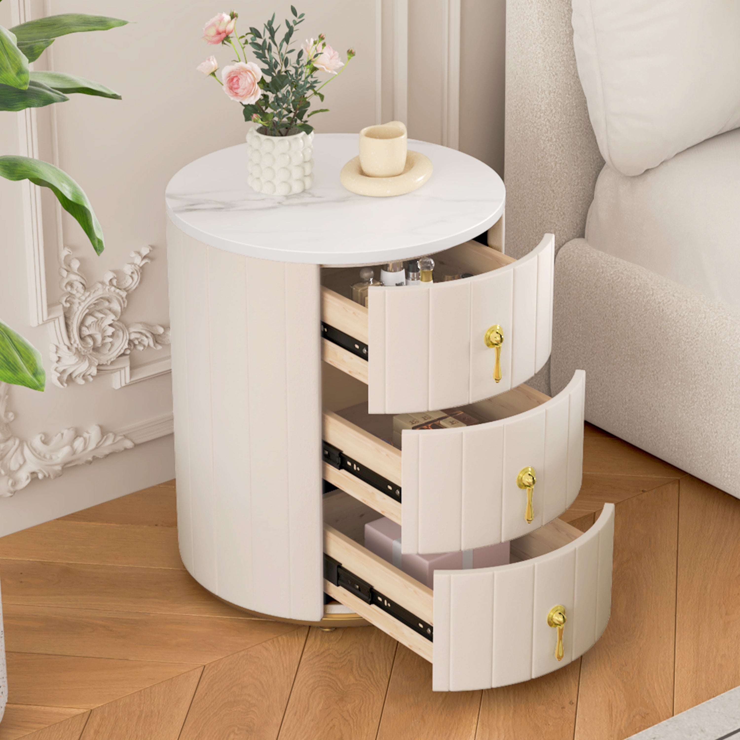 Sundra Round Upholstered Nightstand with 3 Drawers