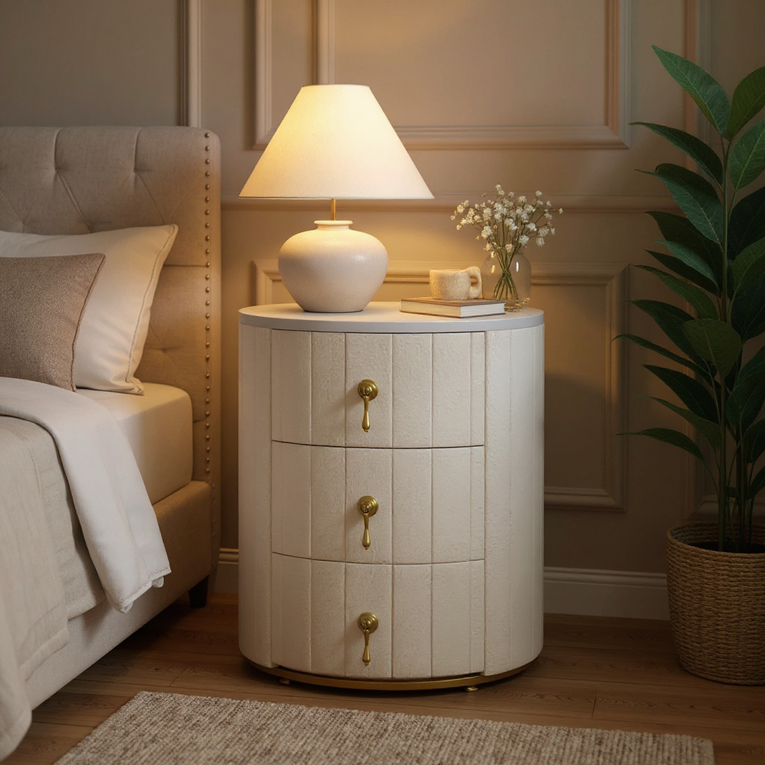 Sundra Round Upholstered Nightstand with 3 Drawers