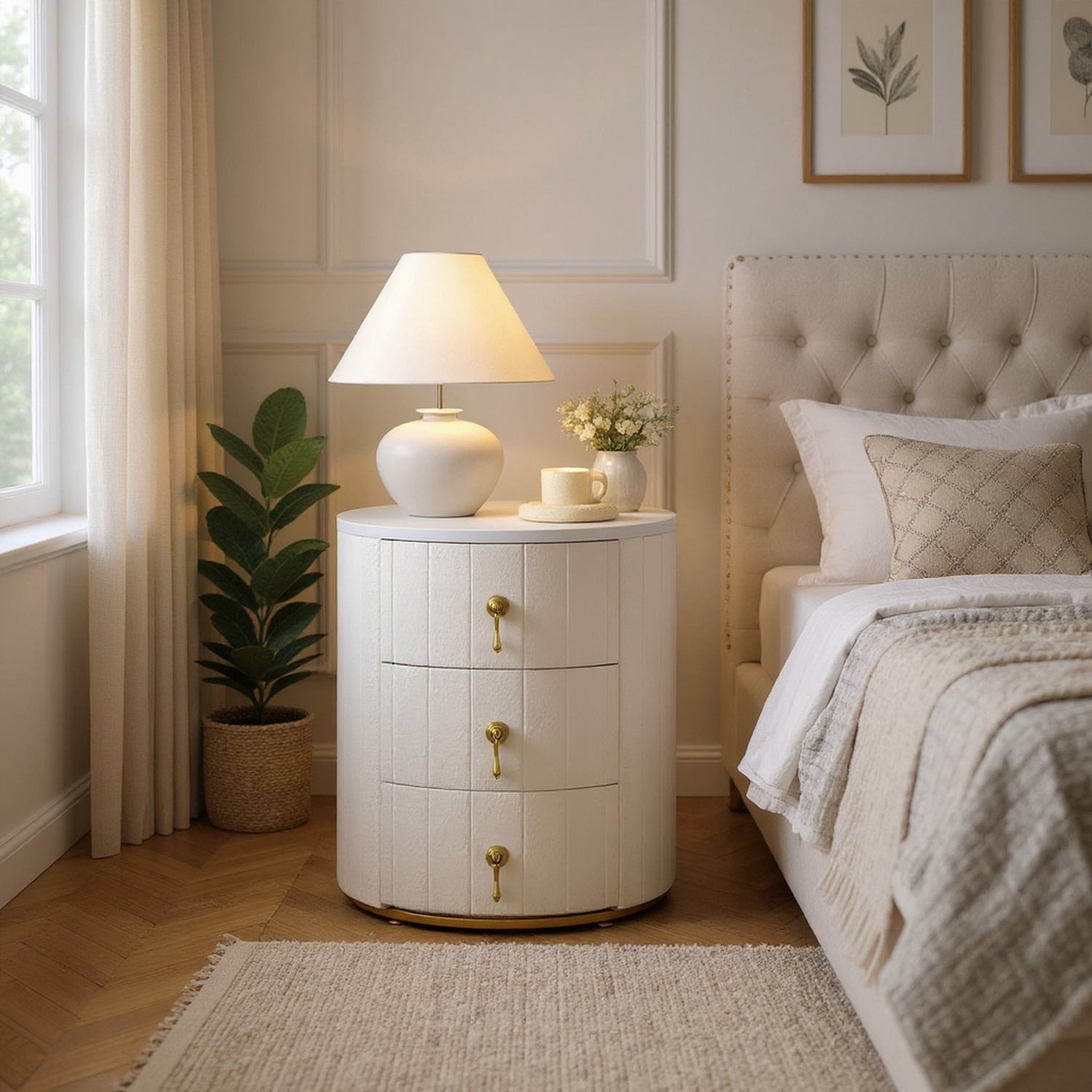 Sundra Round Upholstered Nightstand with 3 Drawers