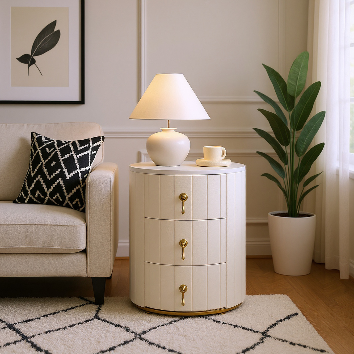Sundra Round Upholstered Nightstand with 3 Drawers