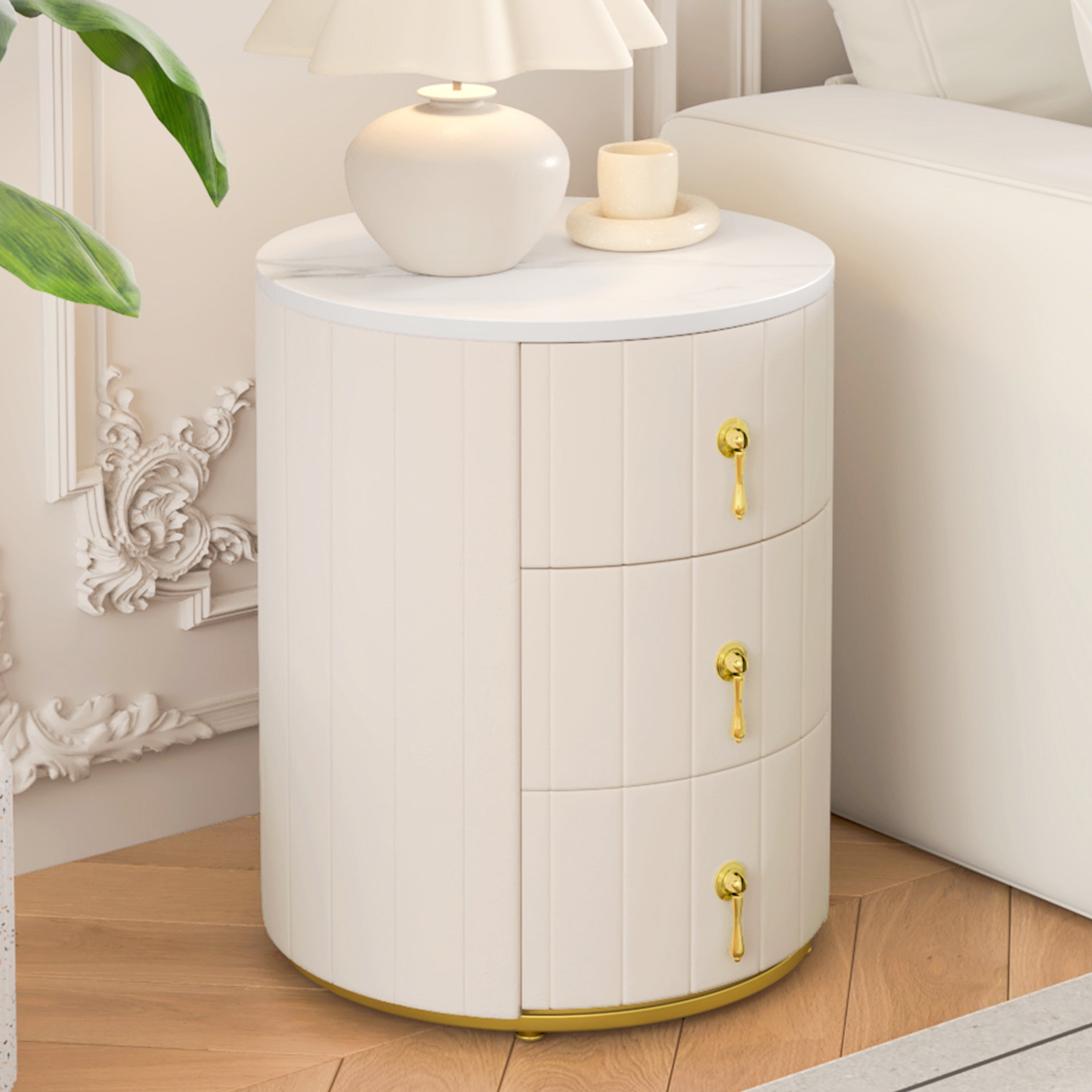 Sundra Round Upholstered Nightstand with 3 Drawers