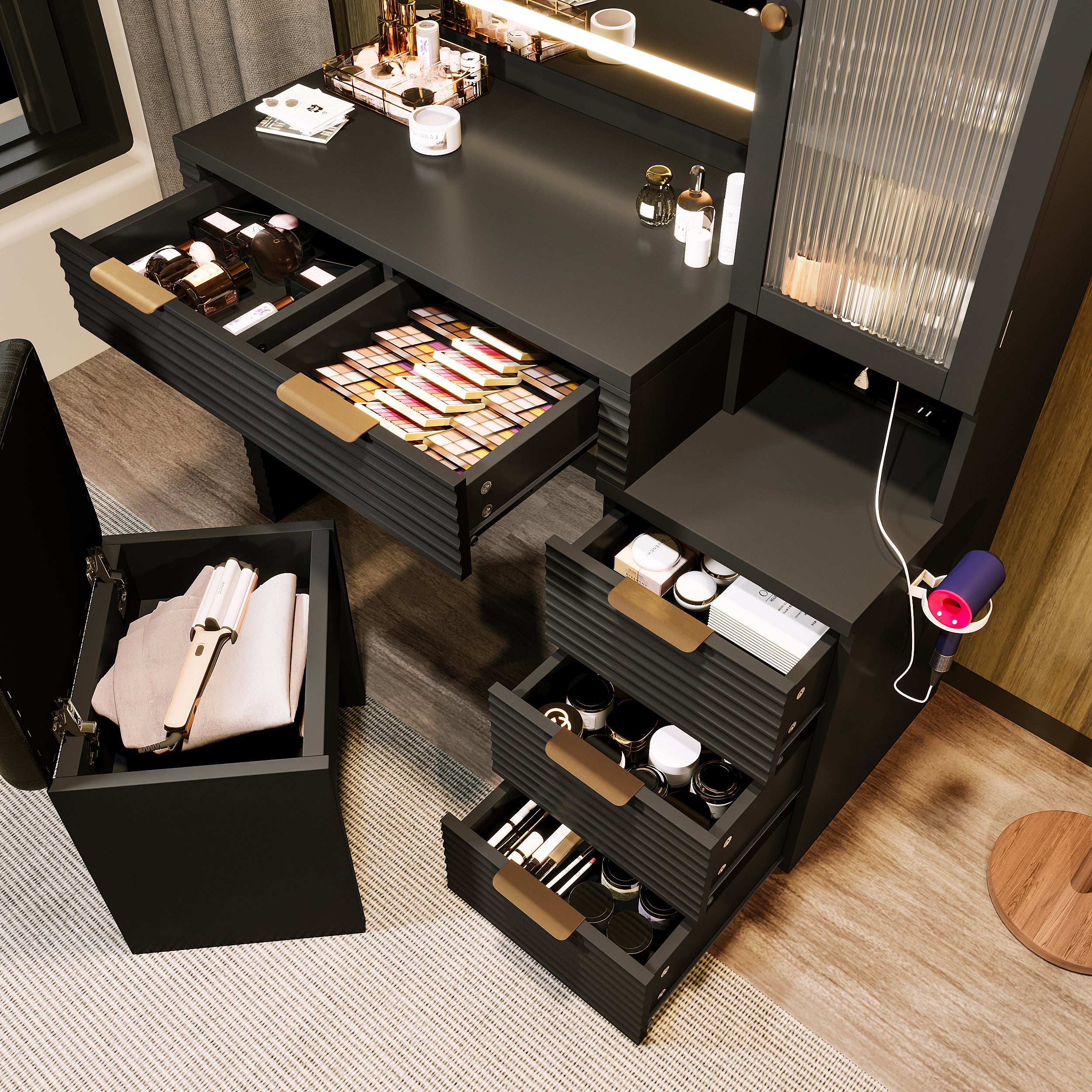 Fernwood 43.5" Fluted Makeup Vanity Set with Lighted Mirror and Charging Station