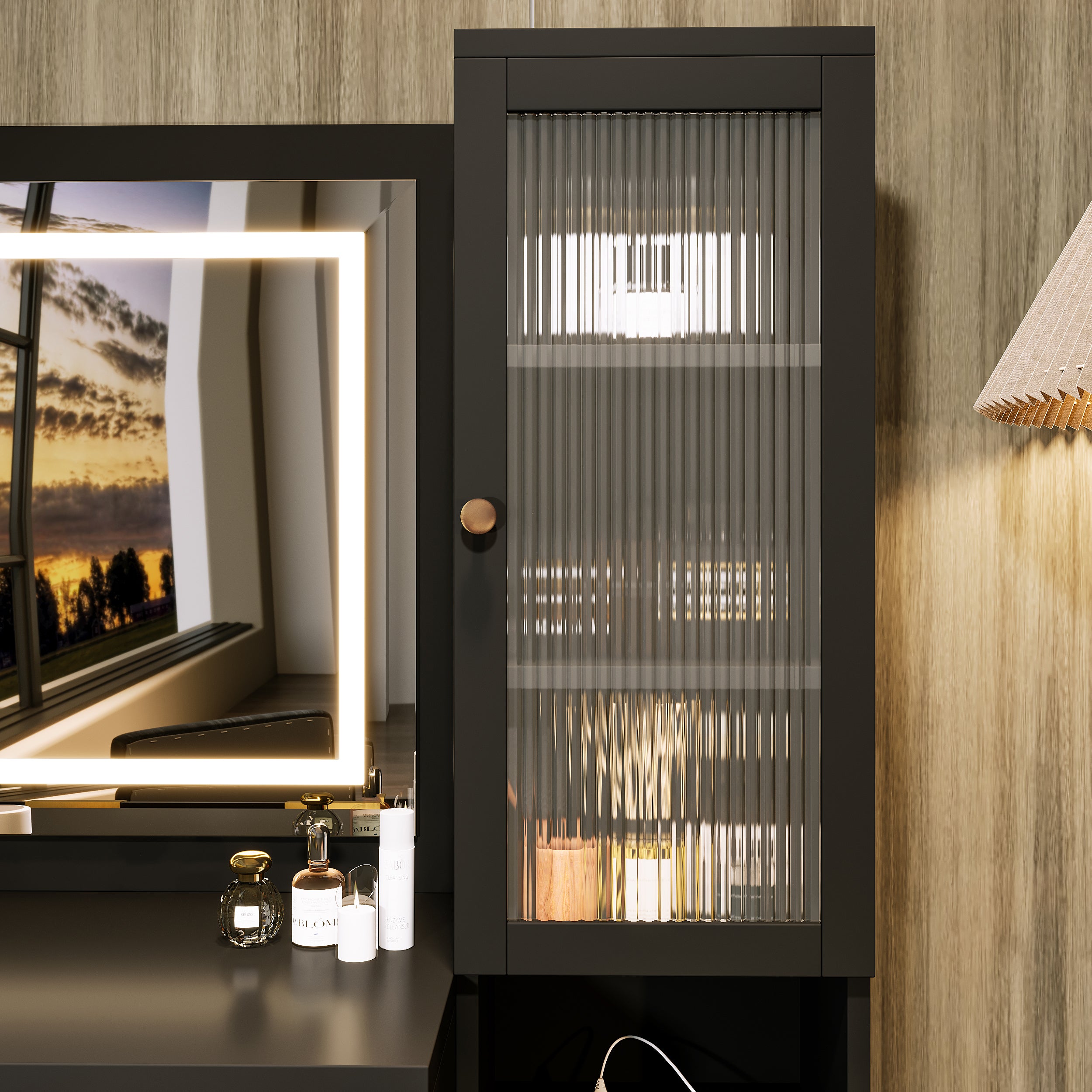 Fernwood 43.5" Fluted Makeup Vanity Set with Lighted Mirror and Charging Station