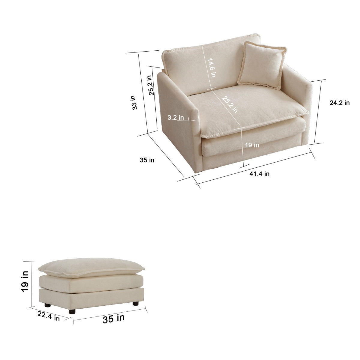 Aven Modern Beige Chenille Accent Chair with Ottoman for Living Room