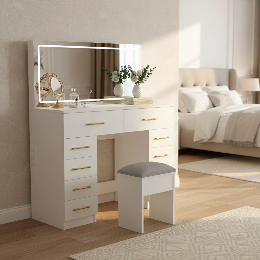 Uppsala 46" Glass Top Vanity Desk Set with 10 Drawers and LED Lighted Mirror