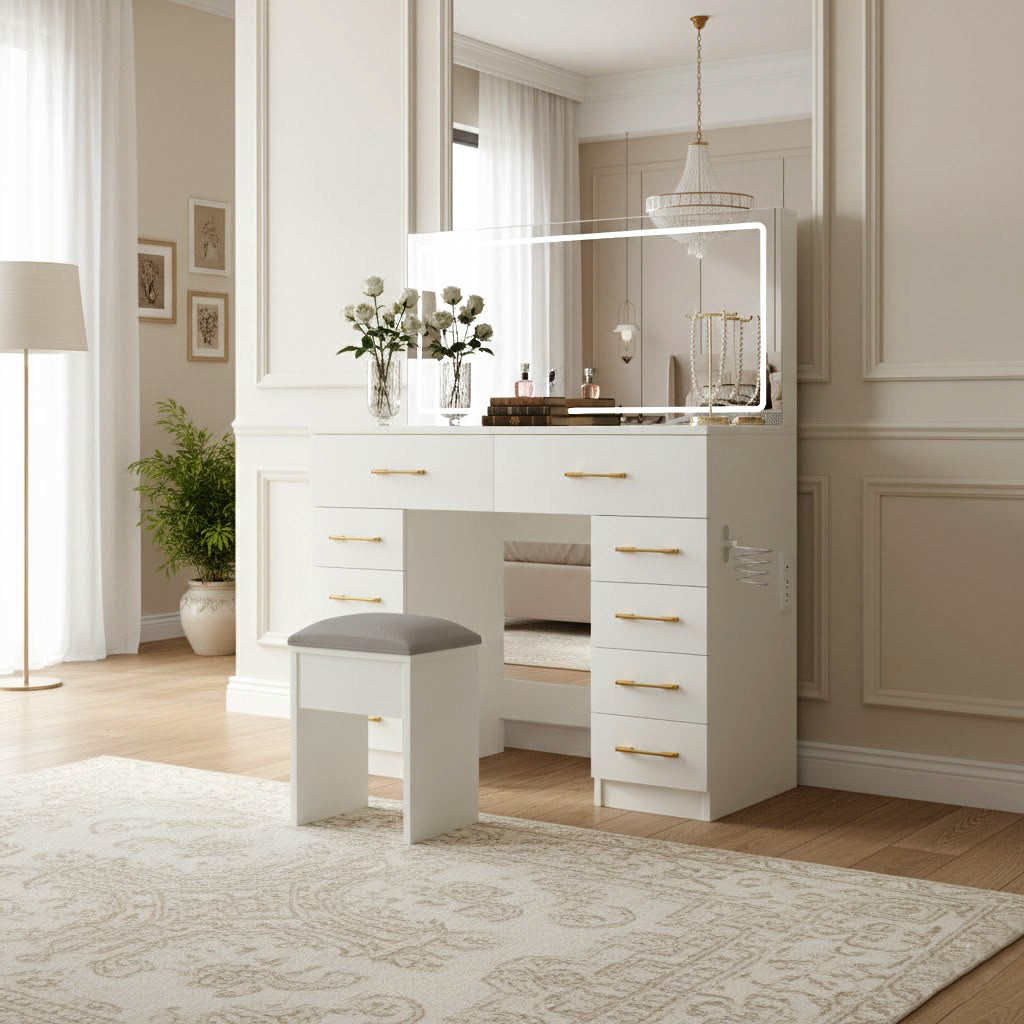 Uppsala 46" Glass Top Vanity Desk Set with 10 Drawers and LED Lighted Mirror