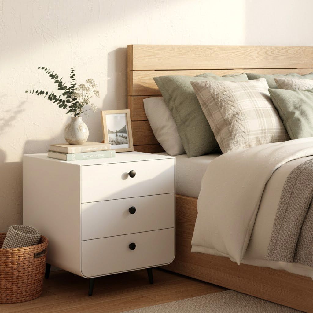 Kaden Modern 3-Drawer Steel Nightstand – White Storage Cabinet with Minimalist Design