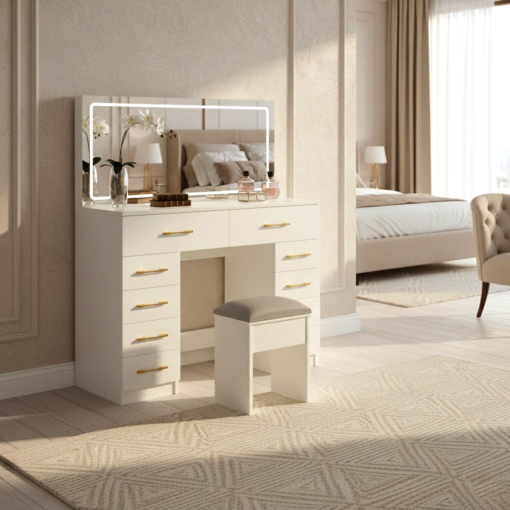 Uppsala 46" Glass Top Vanity Desk Set with 10 Drawers and LED Lighted Mirror