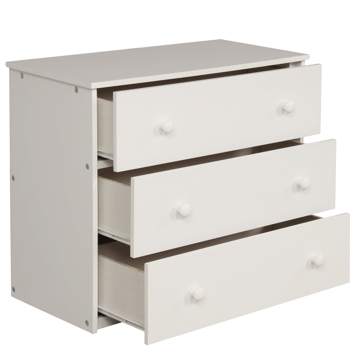 Ylven twin size low loft bed in white with close-up of the three-drawer chest with drawers open