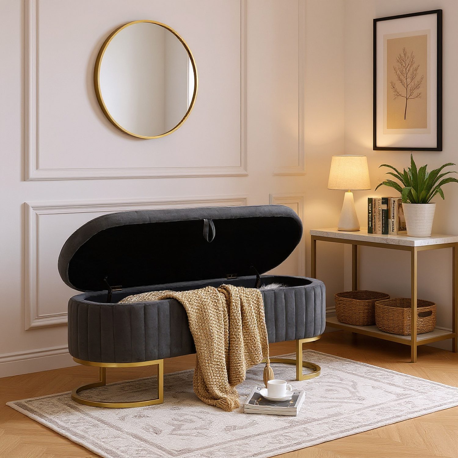 Yosemite Velvet Storage Ottoman Bench