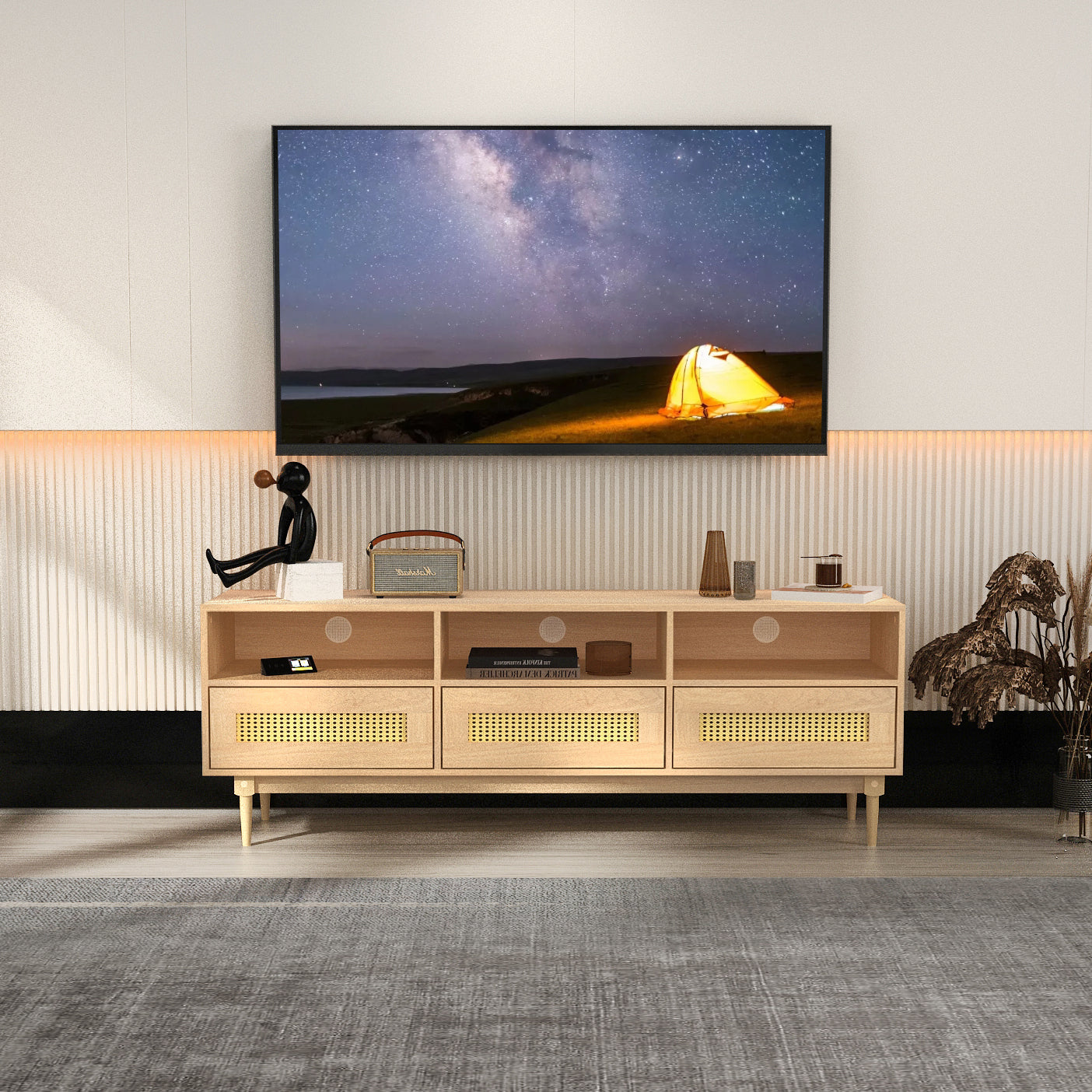 Obert Faux rattem Wooden TV Stand for TVs up to 65' - Homy Casa