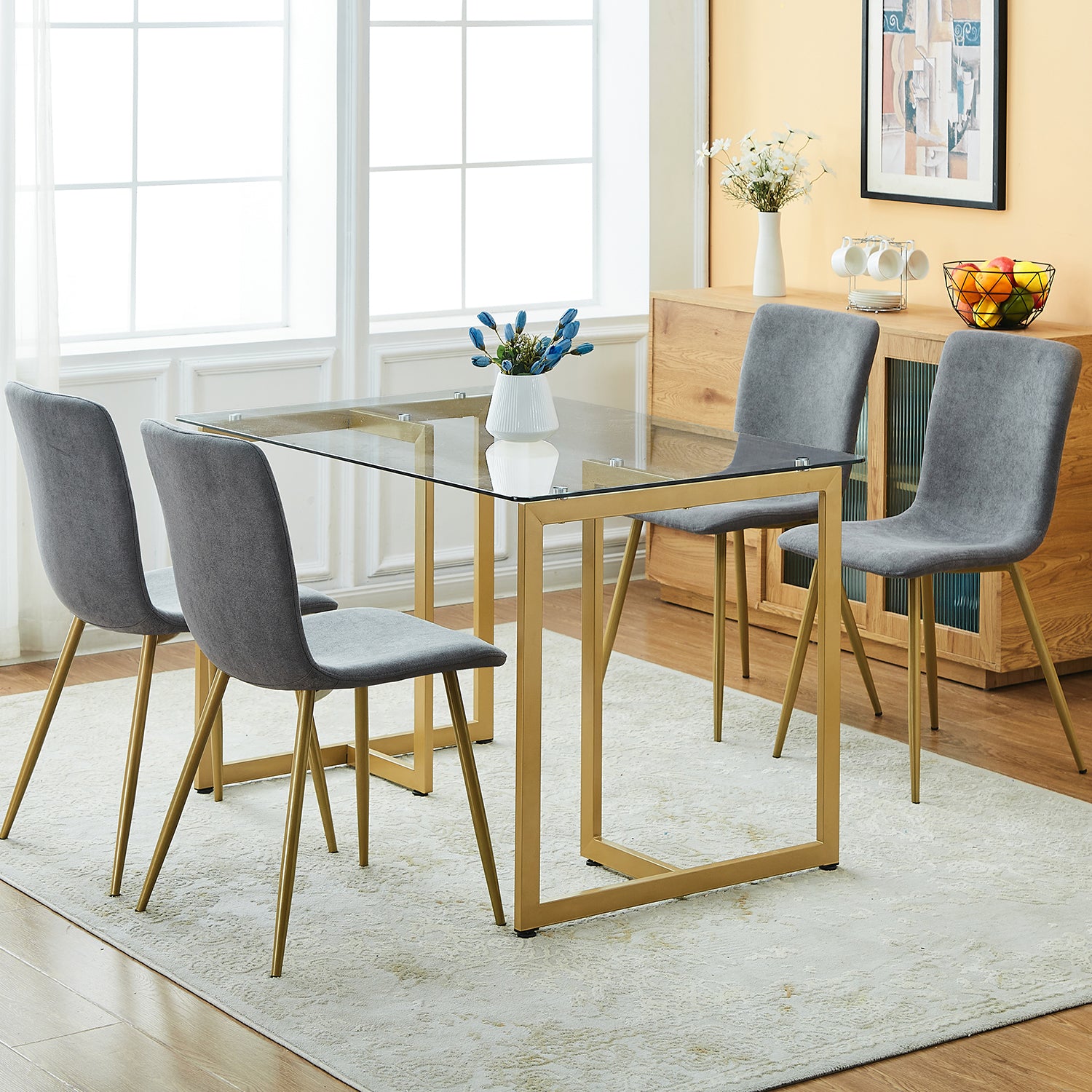 Scargill Modren Dining Chairs Set of 4,with Fabric Seat & Back with Golden Legs for Dining Room-HOMY CASA