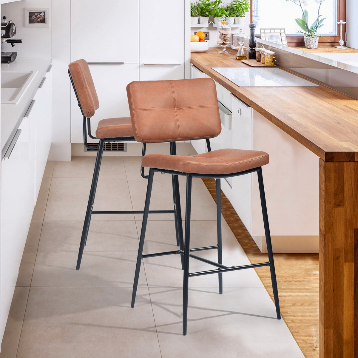 Independence Mid-Century Modern Faux Leather Barstools(Set of 2)-HOMY CASA