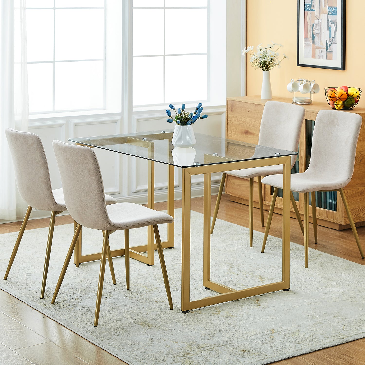 Scargill Modren Dining Chairs Set of 4,with Fabric Seat & Back with Golden Legs for Dining Room-HOMY CASA